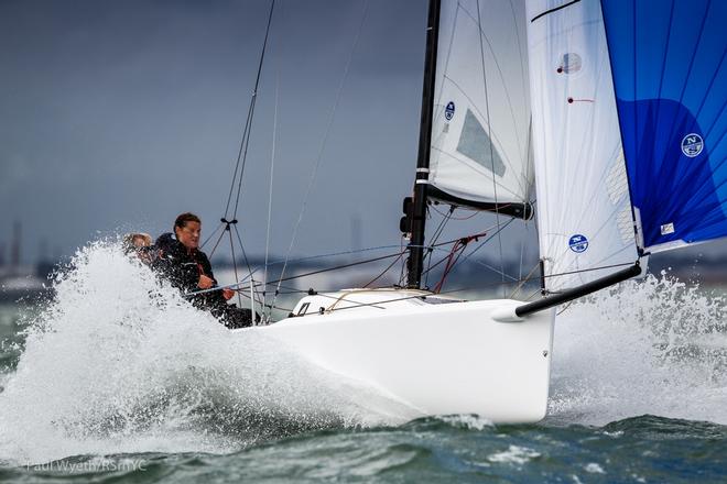 Martin Dent's J/70 Jelvis, with Ruby Dent trimming the kite with a grin like a Cheshire Cat. ©  Paul Wyeth / RSrnYC